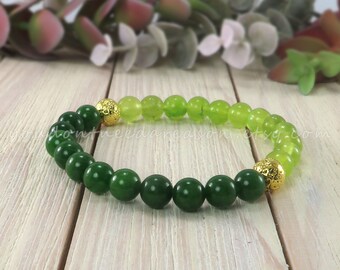 Green Jade and Gold Lava Bracelet | Beaded Jade Bracelet | Gemstone Bracelet | Stretchy Gemstone Bracelet | Jade Bracelet
