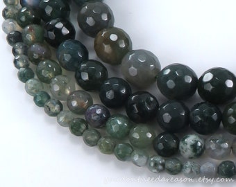 Faceted Round Natural Moss Agate Round Beads | Green Gemstone Beads | Round Agate Beads | Round Gemstone Beads 4mm 6mm 8mm 10mm