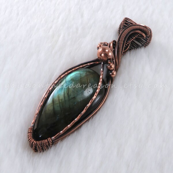 Handcrafted Labradorite Pendant - Antique Copper Wire Wrapped Gemstone Necklace | Unique Labradorite Necklace in Oxidized Copper Wire Wrap