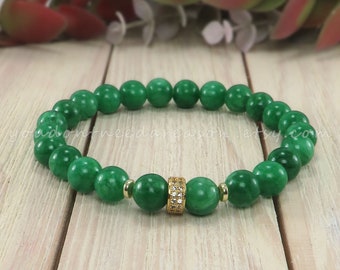 Green Jade Gemstone Bracelet | Jade and Hematite Bracelet | Stretch Gemstone Bracelet | Green and Gold Bracelet | Elastic Bracelet