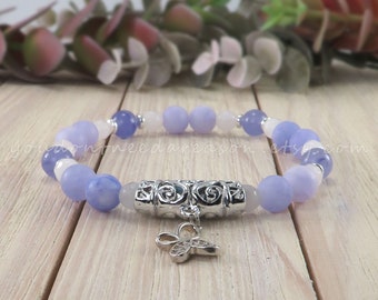 Lilac and White Jade Stretch Bracelet with Butterfly Charm | Stretch Gemstone Bracelet | Elastic Bracelet | 8mm Gemstone Beads