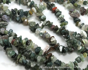 30" Strand of Natural Moss Agate Chip Beads | Green Gemstone Chips | Approximate size of chips is 5-8mm x 5-8mm
