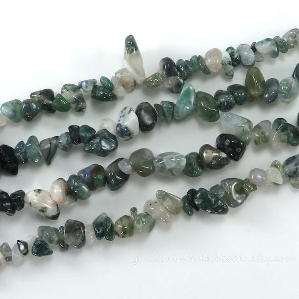 Natural Moss Agate Chip Beads for Jewelry Making | Green Gemstone Chips | Approximate Size: Bead 5-8mm; Hole 1mm; Strand Length 30"