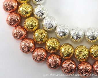 Electroplated Lava Rock Beads – 6mm, 8mm, 10mm Round Metallic Gemstones for Jewelry Making