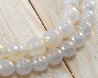 Electroplated White Faceted Round Agate Beads Strands | Faceted White Agate Beads | Faceted Gemstone Beads 10mm 12mm
