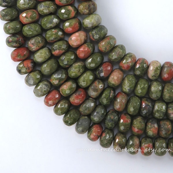 8x5mm Faceted Rondelle Unakite Gemstone Beads for Jewelry Making | Green Gemstone Beads for Jewelry Making | Approximate bead size is 8-9x10