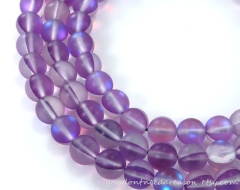 Frosted Purple Synthetic Moonstone Beads | Round Purple Half AB Color Plated Gemstone Beads 8mm