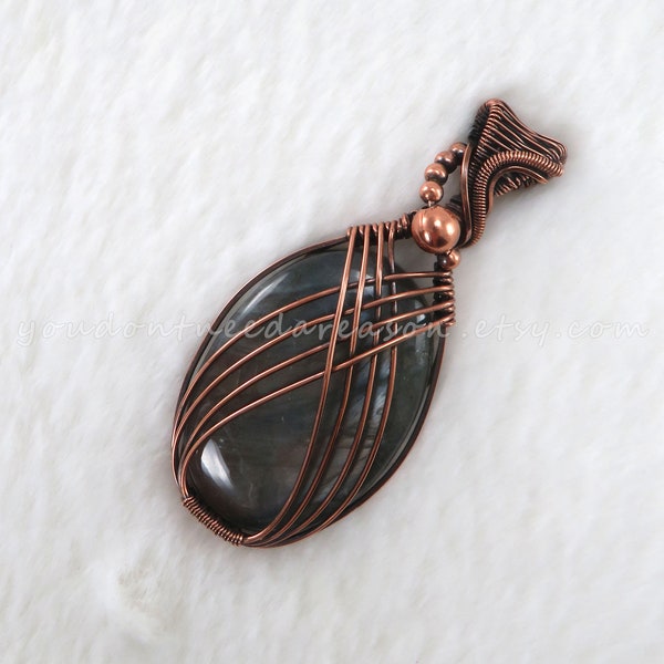 Handcrafted Labradorite Pendant - Antique Copper Wire Wrapped Gemstone Necklace | Unique Labradorite Necklace in Oxidized Copper Wire Wrap