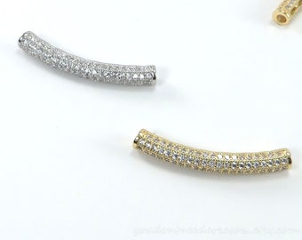 1pc Curved Tube Brass Cubic Zirconia Bead | Silver Or Gold Sparkly Tube Bead | CZ Focal Bead | Approximate size of Bead is 31.5x4.2mm