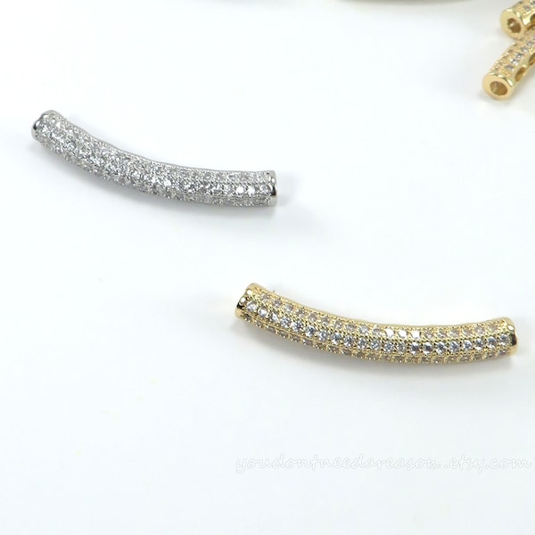 1pc Curved Tube Brass Cubic Zirconia Bead | Silver Or Gold Sparkly Tube Bead | CZ Focal Bead | Approximate size of Bead is 31.5x4.2mm