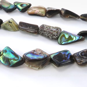 May include: Close-up of strands of iridescent abalone shell beads. The beads are in various shapes and sizes, displaying a range of colors including blues, greens, and browns. The beads are strung together, ready for jewelry making.