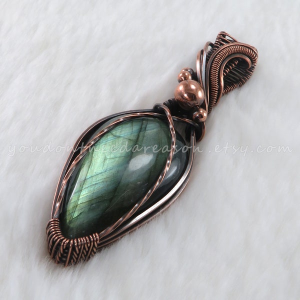 Handcrafted Labradorite Pendant - Antique Copper Wire Wrapped Gemstone Necklace | Unique Labradorite Necklace in Oxidized Copper Wire Wrap