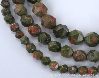 Star Cut Unakite Gemstone Beads | Natural Green and Red Gemstone Beads | Faceted Gemstone Beads 6mm 8mm 10mm