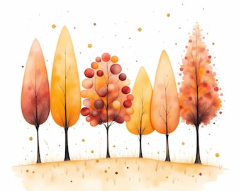 Watercolor Autumn Trees Clipart, 10 High Res Whimsical Fall JPGs, Junk Journaling, Scrapbooking, Card Making, Paper Crafts, Digital Download