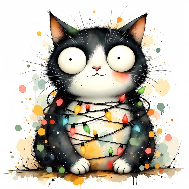 Watercolor Christmas Cat Clipart, 10 High Res Xmas Lights Jpgs, Junk ...