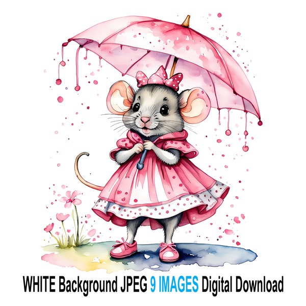 Cute Little Mouse Clipart, Lovely Nursery Clipart, Watercolour Mouse Clipart Bundle, Pretty Mouse Illustration For Crafting, Sweet Baby Girl