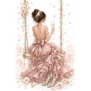 Könnte beinhalten: Eine Illustration einer Person mit Hochsteckfrisur, die auf einer mit Perlen und Blumen verzierten Schaukel sitzt. Die Person trägt ein altrosa Rüschenkleid mit einer großen Schleife und hält ein Champagnerglas. Ein Paar High Heels steht darunter.
