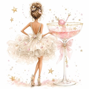 Può includere: Un'illustrazione di una figura con un'acconciatura raccolta che indossa un abito bianco a balze con un grande fiocco, in piedi accanto a un grande bicchiere riempito di un liquido rosa. La scena è decorata con stelle dorate, perle e accenti rosa.