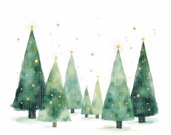 Watercolor Christmas Trees Clipart, 20 High Res JPGs For Junk Journaling, Scrapbooking, Christmas Card Making, Whimsical, Digital Download