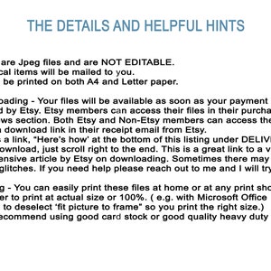Puede incluir: Imagen con el t&iacute;tulo "THE DETAILS AND HELPFUL HINTS" en texto azul. El texto proporciona informaci&oacute;n sobre los archivos digitales, incluyendo que son archivos Jpeg, no editables, y se pueden imprimir en papel A4 y Letter. Tambi&eacute;n da instrucciones sobre la descarga y la impresi&oacute;n.