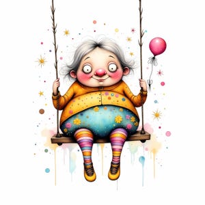 Clipart drôle de vieilles dames, 10 fichiers JPG haute résolution, dessin animé mignon grand-mère Swing Clip Art, Clipart floral vieille dame, téléchargement numérique fantaisiste