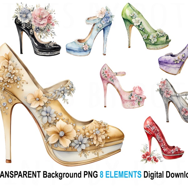 Floral Prom Shoe Clipart,  Beautiful Shoe PNG Clipart Bundle, Watercolour High Heel Clipart, Wedding Shoe Clipart, Platform Heel PNG