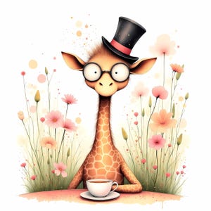 Quirky Giraffe Clip Art, 10 High Res Tea Time Watercolor JPG, Junk Journal, Scrapbook, Clipart For Card Making, Whimsical, Digital Download