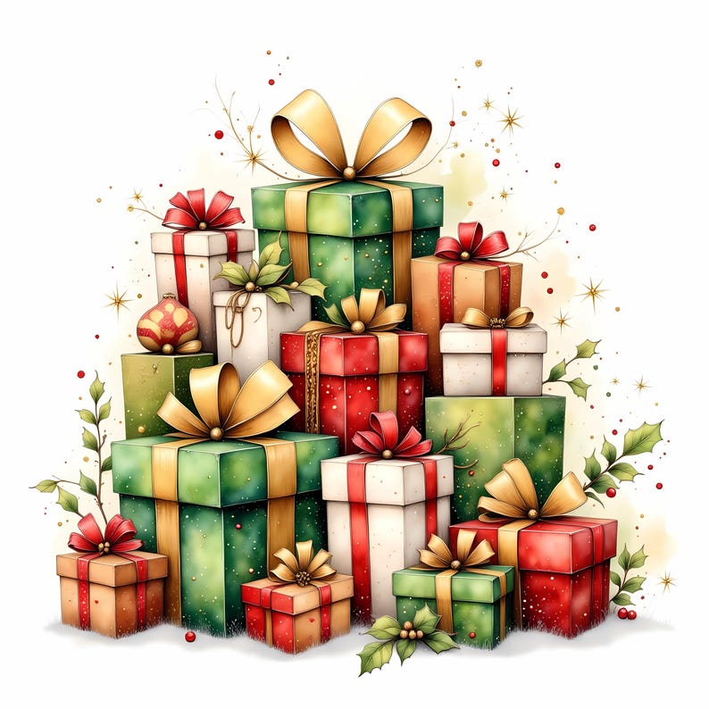 10 presentes de Natal em clipart, JPGs de aquarela em alta resolução, diário de sucata, criação de cartões, clipart de caixa de presente, artesanato em papel, presentes, download digital imagem 1