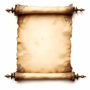May include: An antique parchment scroll with ornate bronze end pieces. The aged paper has a light brown hue with decorative corner designs and a torn edge, suggesting age and historical significance. The scroll is unrolled, ready for text.