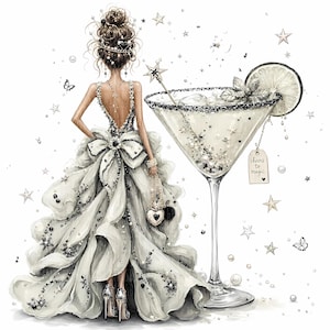 Peut inclure: Une illustration numérique représentant une silhouette en robe blanche volumineuse avec des détails noirs et un grand nœud au dos, à côté d'un grand verre à martini. Le verre contient une tranche de citron vert, de la menthe et une étiquette cheers to magic.