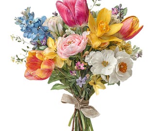 Spring Flower Bouquet PNG, 10 Watercolor Floral Clipart, Junk Journaling, Paper Crafts, Digital Download