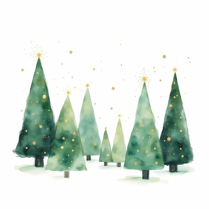 Illustrations d'arbres de Noël à l'aquarelle, 10 images JPG haute résolution pour le scrapbooking, la création de cartes de Noël, style fantaisiste, image à télécharger (1).