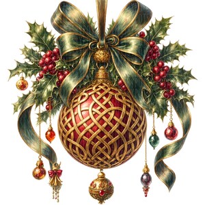 May include: A round red Christmas ornament featuring an intricate gold lattice overlay, suspended by a large green ribbon. The ornament is surrounded by green holly leaves and red berries, with several smaller dangling ornaments attached.