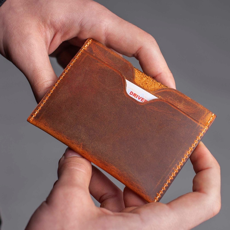 MINIMALIST LEATHER WALLET, Personalized Slim Front Pocket Wallet, Men's Cardholder, Distressed Leather Cardholder, Perfect Gift image 2