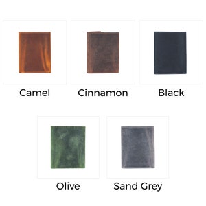 May include: Five leather wallets in different colors: camel, cinnamon, black, olive, and sand grey. Each wallet is a simple, rectangular shape with a stitched edge.
