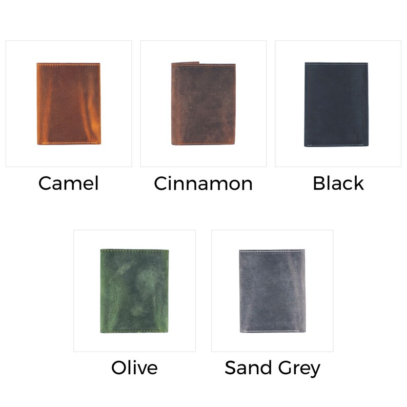 May include: Five leather wallets in different colors: camel, cinnamon, black, olive, and sand grey. Each wallet is a simple, rectangular shape with a stitched edge.