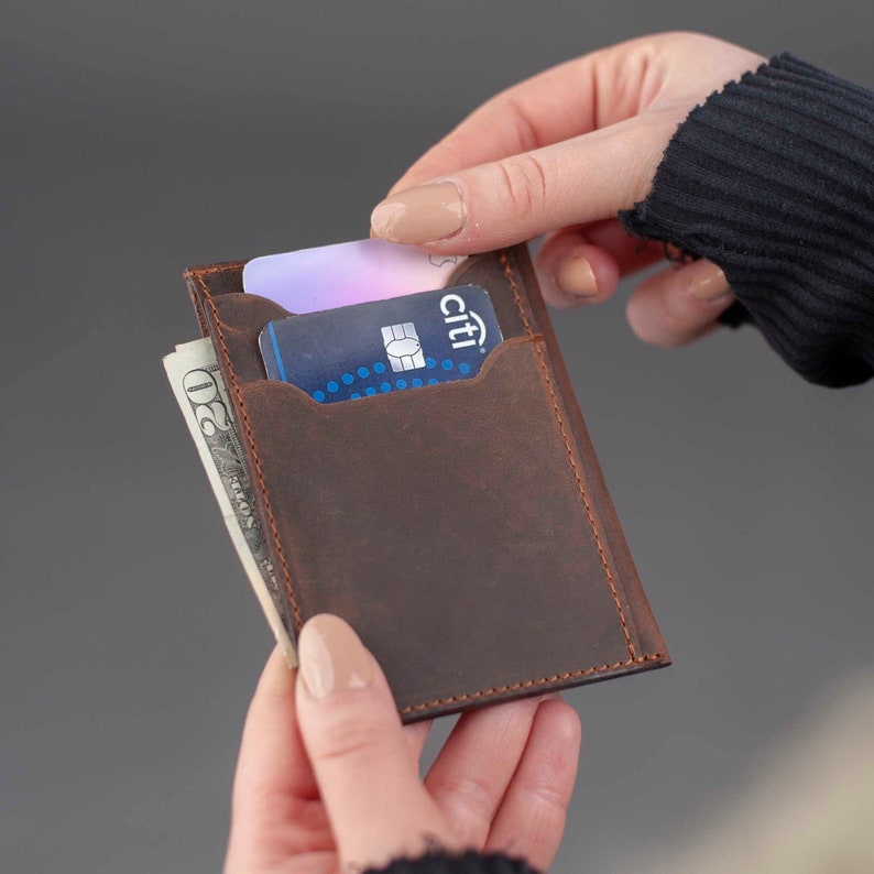 MINIMALIST LEATHER WALLET, Personalized Slim Front Pocket Wallet, Men's Cardholder, Distressed Leather Cardholder, Perfect Gift image 6