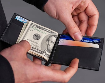 Mens Bifold Wallet, Full Grain Leather, Slim Design with Money Clip