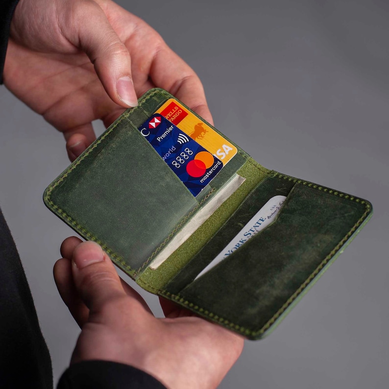 Leather Wallet, Minimalist Mens Wallet, Bifold Wallet, Personalized Card Wallet, Groomsmen Gift, Monogram Initials For Him, handmade wallet Olive