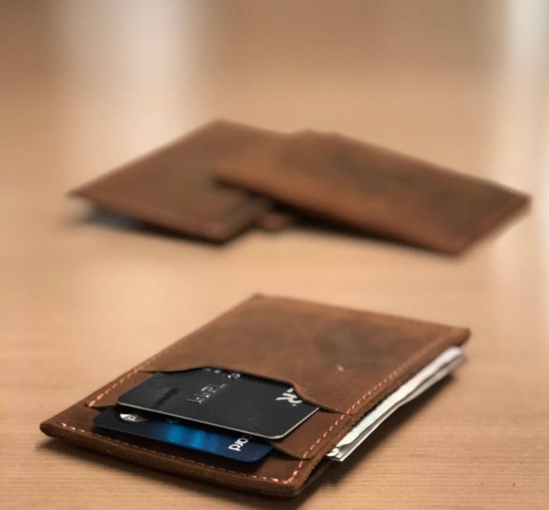 MINIMALIST LEATHER WALLET, Personalized Slim Front Pocket Wallet, Men's Cardholder, Distressed Leather Cardholder, Perfect Gift image 9