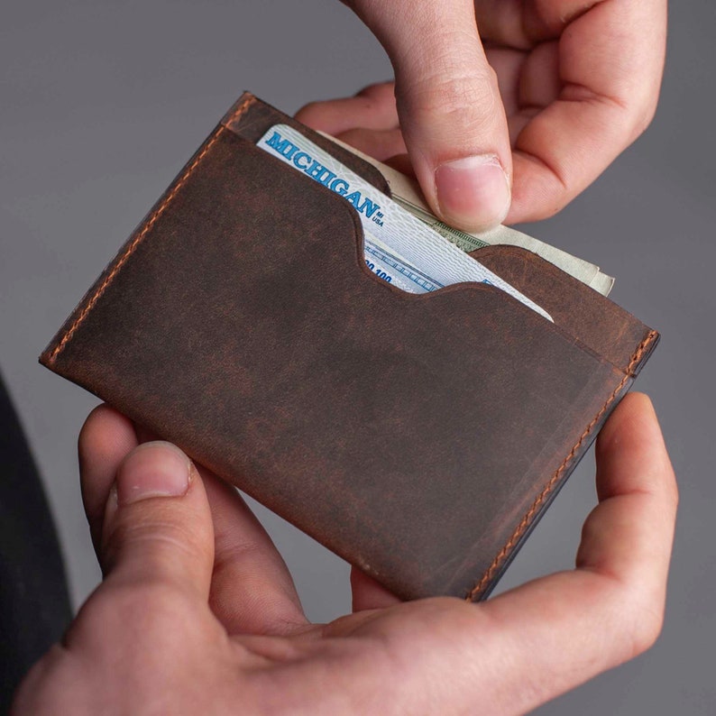 MINIMALIST LEATHER WALLET, Personalized Slim Front Pocket Wallet, Men's Cardholder, Distressed Leather Cardholder, Perfect Gift image 3