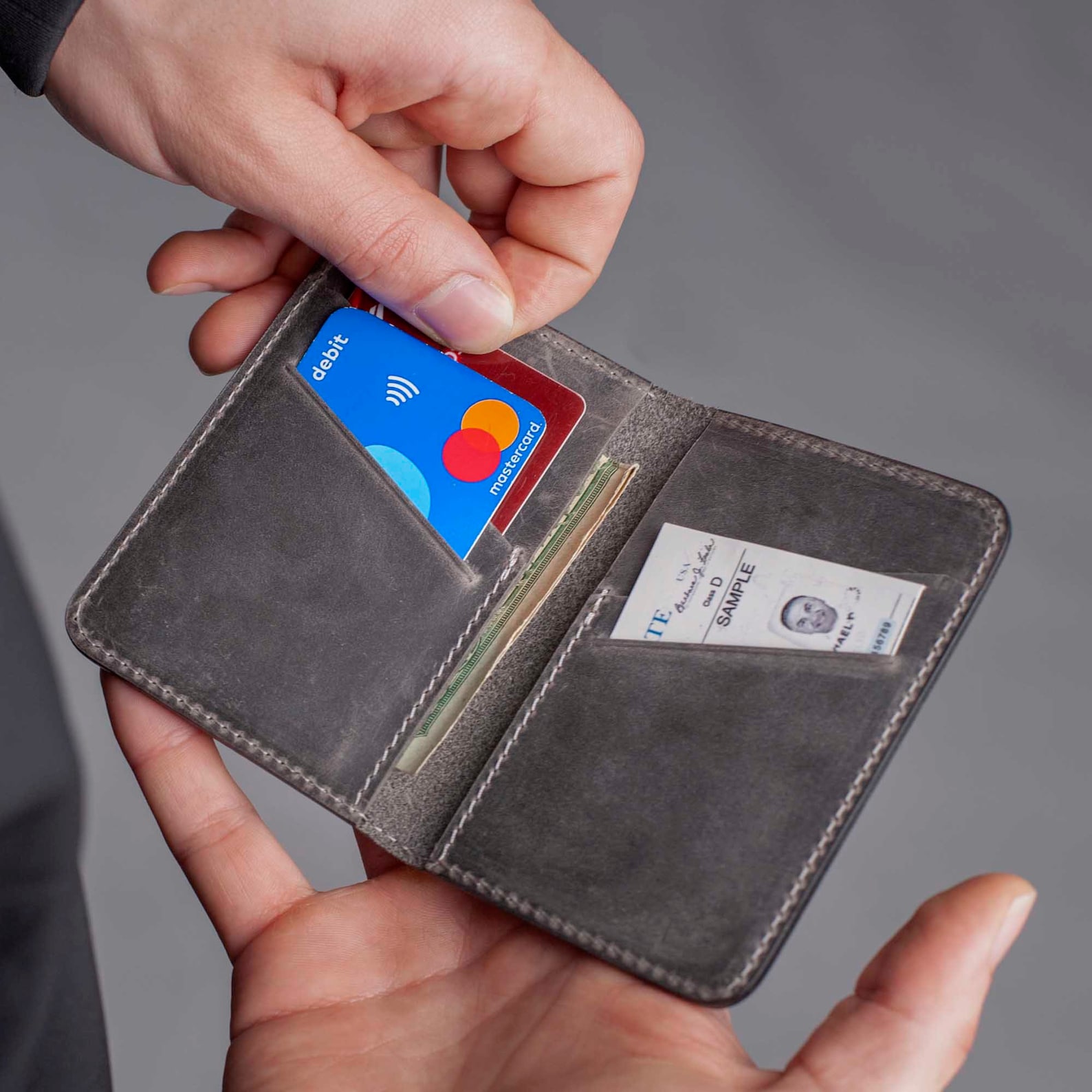 MENS LEATHER WALLET Grey Leather Wallet Bifold Front Pocket Etsy