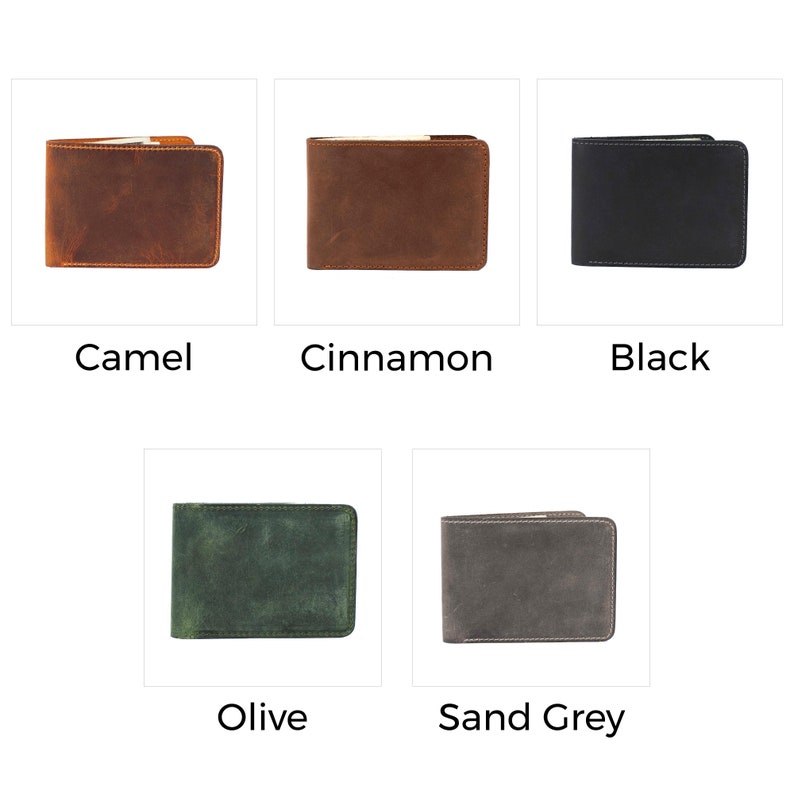 May include: Five leather wallets in different colours: camel, cinnamon, black, olive, and sand grey. Each wallet has a simple design with a stitched edge.