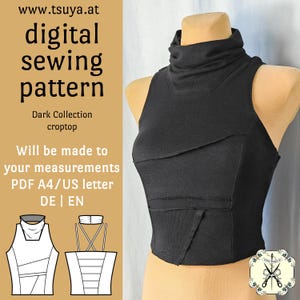 Puede incluir: Top corto negro con cuello alto y diseño de paneles único. La imagen incluye el texto "digital sewing pattern" y "Dark Collection croptop". El patrón está disponible en PDF A4/US letter.