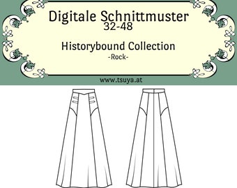 May include: A digital sewing pattern for a long skirt with a high waist and a button closure. The pattern is for sizes 32-48 and is part of the Historybound Collection - Rock - www.tsuya.at