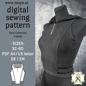 May include: A black crop top with a hood and a zipper, displayed on a mannequin. The top is part of the Dark Collection and is available in sizes 32-60. The image also includes the text "digital sewing pattern" and the website address.