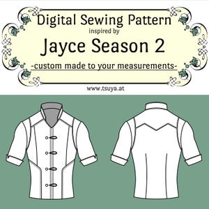 May include: Digital sewing pattern for a white short-sleeved shirt with a button-up front and a collar. The pattern is inspired by "Jayce Season 2" and is custom made to your measurements. www.tsuya.at