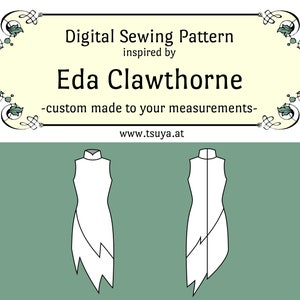 May include: A digital sewing pattern for a dress inspired by Eda Clawthorne, a character from the animated series "The Owl House". The pattern is custom made to your measurements. The pattern is shown as a line drawing of a white dress with a high neckline and a diagonal seam on the front.