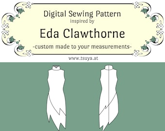May include: A digital sewing pattern for a dress inspired by Eda Clawthorne, a character from the animated series "The Owl House". The pattern is custom made to your measurements. The pattern is shown as a line drawing of a white dress with a high neckline and a diagonal seam on the front.