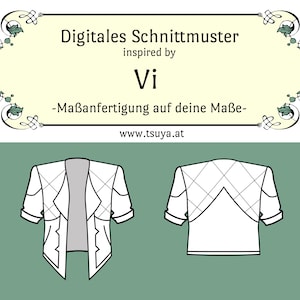 Może przedstawiać: Cyfrowy wzór z tekstem "Digitales Schnittmuster inspired by Vi". Obraz przedstawia widoki z przodu i z tyłu białego projektu kurtki z rombowym wzorem na zielonym tle.